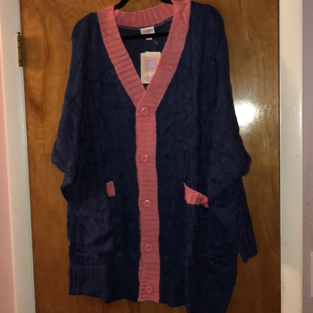 LuLaRoe Navy Blue Cardigan with Coral Trim